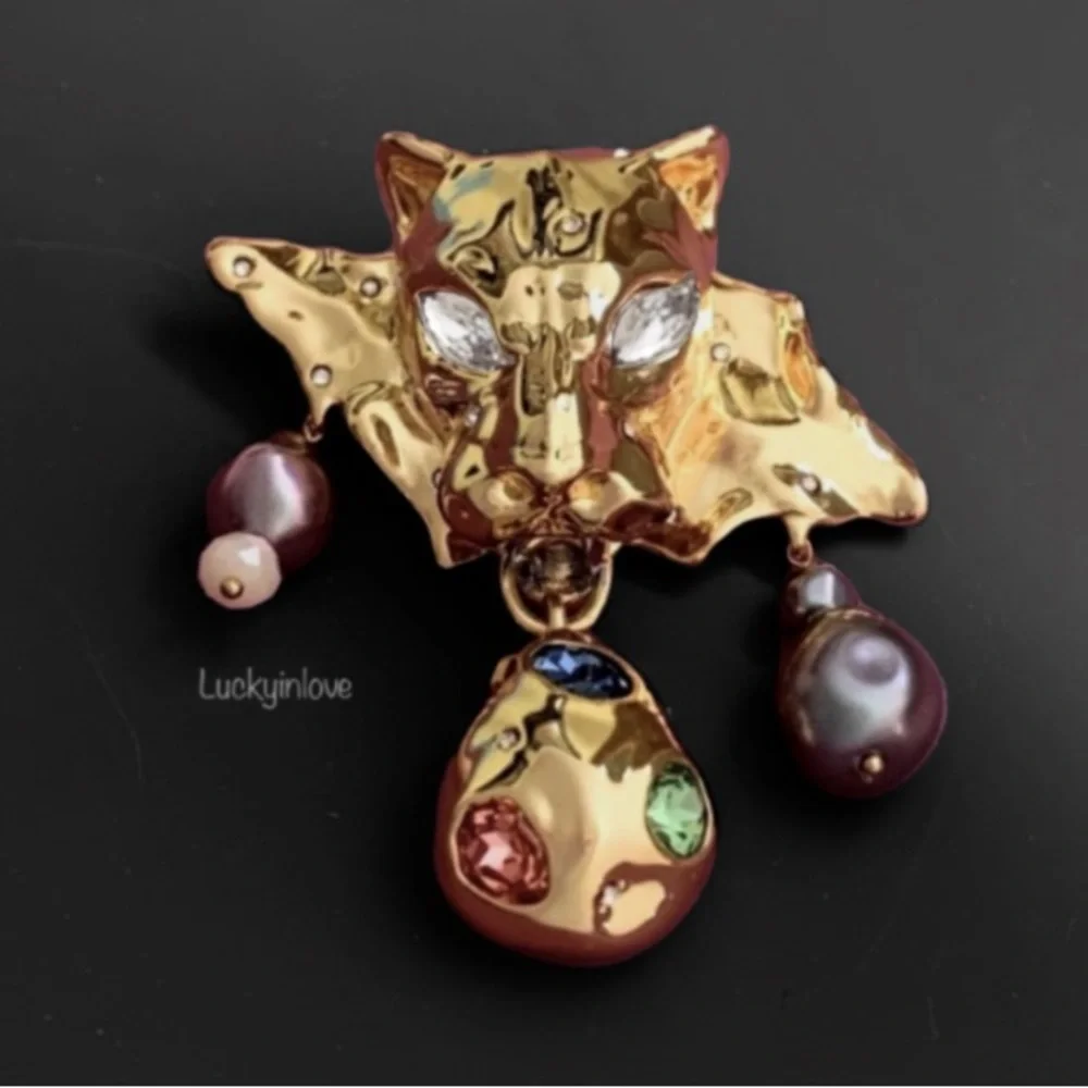 ALEXIS BITTAR • Gold Molten Crumpled Panther Head Green Rose Blue Pink Necklace